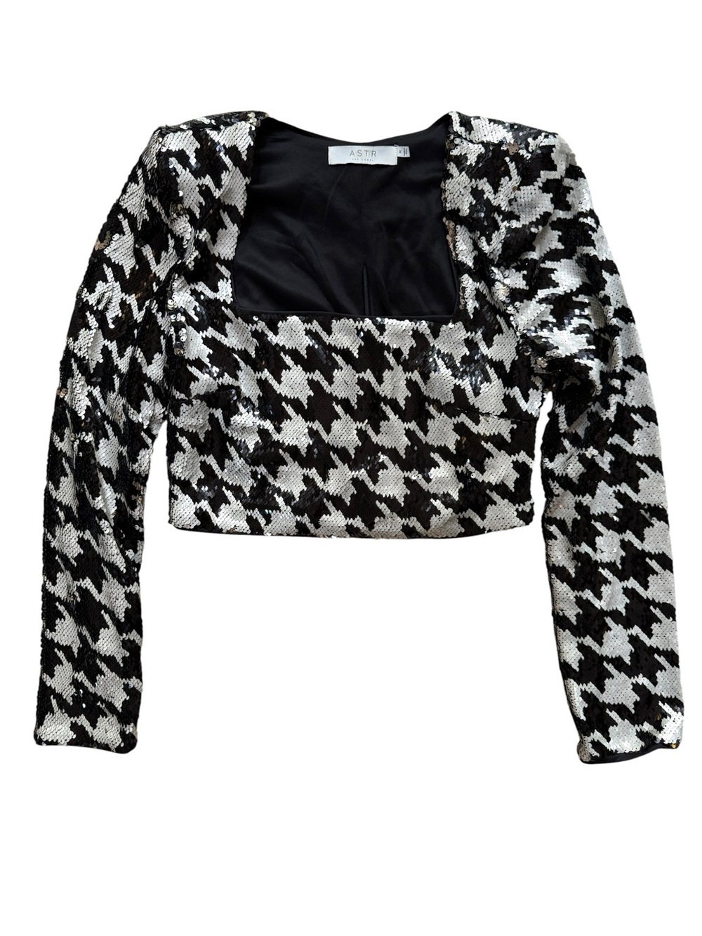 ASTR the Label Darby Reversible Sequin Houndstooth Crop Top Black White Gold M